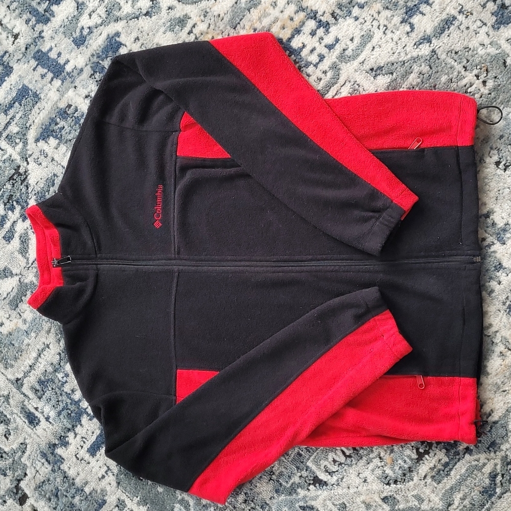 Columbia fleece zip up men's size large in red and black, excellent condition